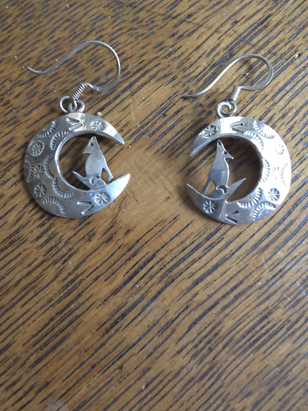 Sterling Silver Moon & Howling Coyote Dangle Earrings - Silver